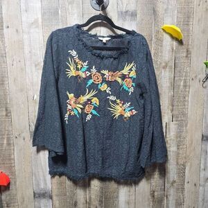 Angel Premium Navy Lace Floral Bird Embroidered Bell Sleeve Blouse